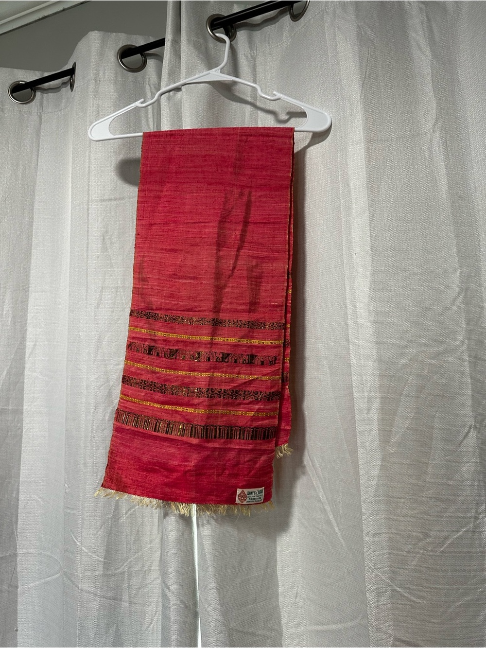 Vintage 100% pure Thai Silk Red Handloom Scarf with Woven Accent Stripes